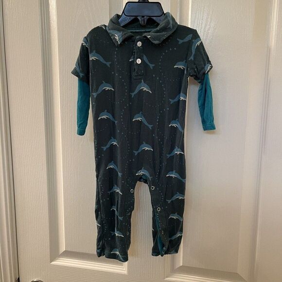 Kickee Pants Long Sleeve Double Layer Polo Romper Seaweed Dolphin SZ 3-6 Months - Picture 1 of 10
